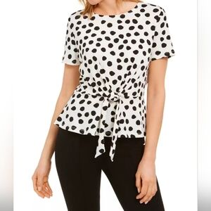 nwot Anne Klein Women's Black & White Short Sleeve Polka Dot Tie-Front Top Sz S